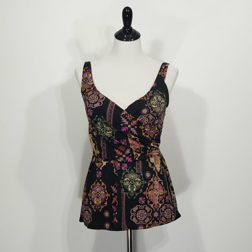 Lands End Black & Purple Geometric Pattern Tankini Swimsuit Top Size 8